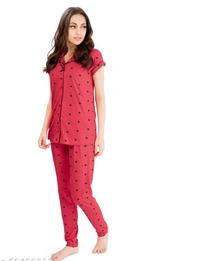 Lotik Women's Cotton Pink & Rani  Heart Print Front-Open Nightsuit Set - S, Pink, Cotton, Multipack of1